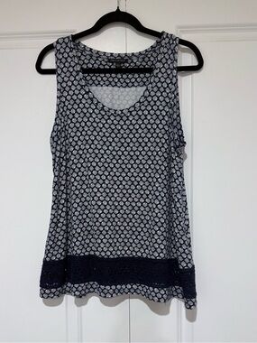 For Cynthia Navy & White Printed Tank with Lace Trim